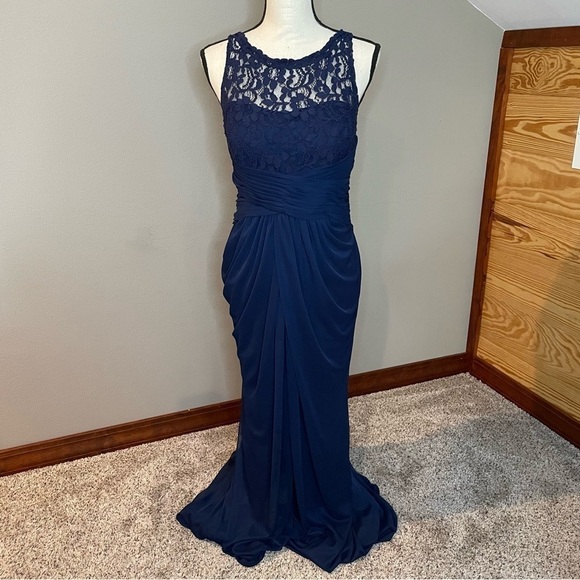 David’s Bridal Lace Bridesmaid Maxi Dress With Long Mesh Skirt in Marine 8 - Picture 2 of 13